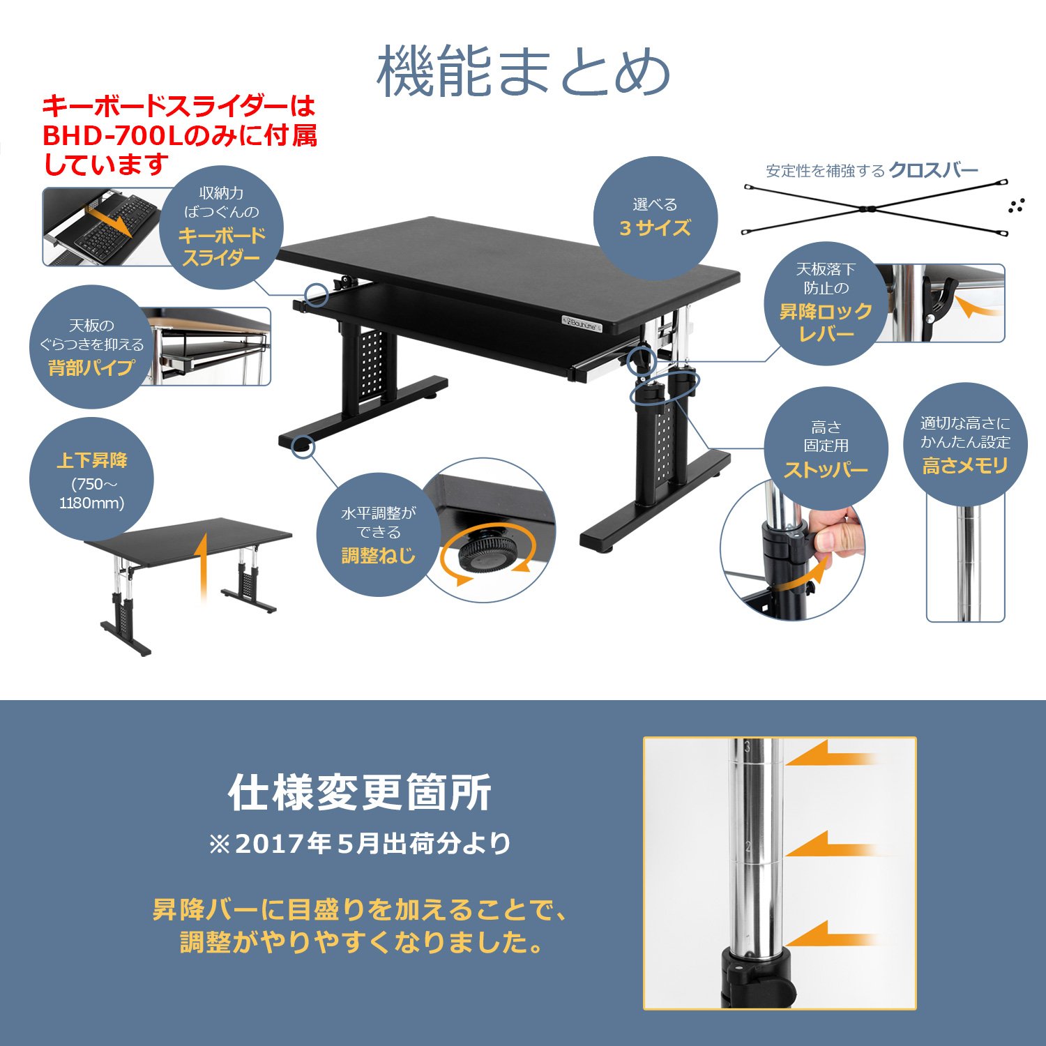 Bauhutte バウヒュッテ 昇降式ローデスク「EXワイド」 BHD-1200L つや消し塗装 マットブラック 【代引・日時指定・キャンセル不可・北海道沖縄離島配送不可】 -メーカー直送- ※メーカー在庫残りわずか