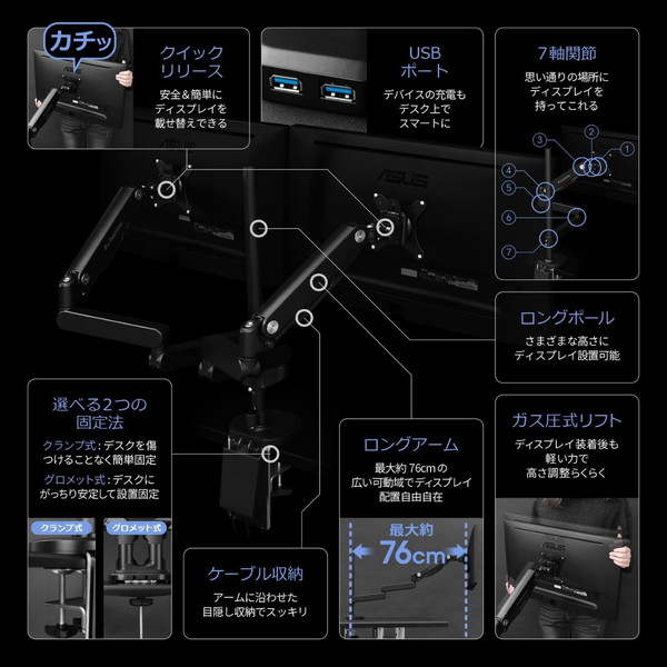 Bauhutte ロングモニターアームGS ホワイト BMA-2GS-WH デュアル 稼働距離最大約76cm 7軸関節 【代引・日時指定・キャンセル不可・北海道沖縄離島配送不可】 -メーカー直送- ※メーカー在庫潤沢