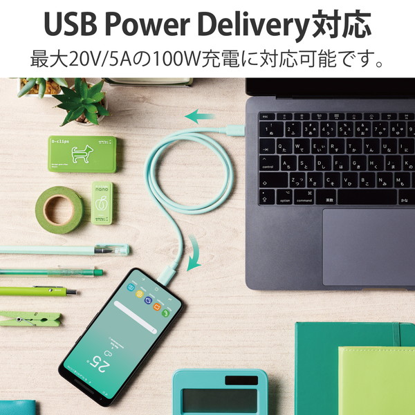 ELECOM エレコム USB4-APCC5P08GN USBケーブル USB4 USB-IF 正規認証品 USB-C to USB-C PD対応 最大100W 80cm グリーン【キャンセル不可・北海道沖縄離島配送不可】