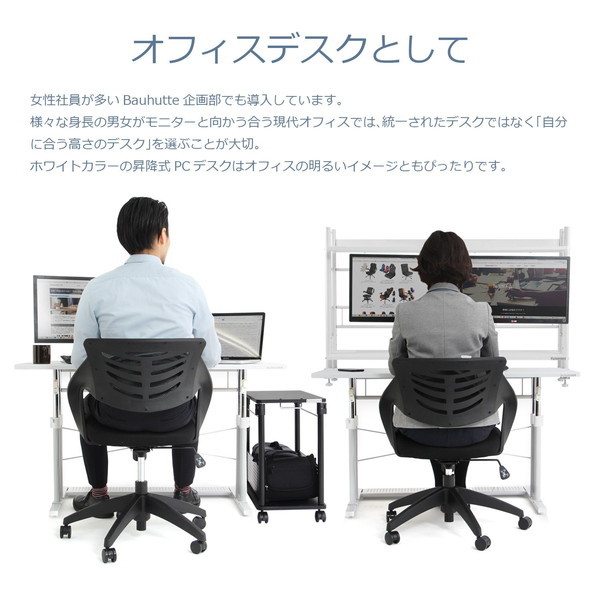 Bauhutte バウヒュッテ PCデスク 昇降式 つや消し塗装 マットホワイト 幅120cm×奥行55cm BHD-1200M-WH 【代引・日時指定・キャンセル不可・北海道沖縄離島配送不可】 -メーカー直送- ※メーカー在庫潤沢